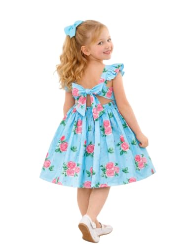 Image of Girls Floral Dress Square Neck Ruffle Sleeve Bow Back Twirl Cotton Dress