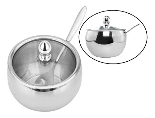 Açucareiro Inox Tampa Vidro Colher Pote Condimento Molheira