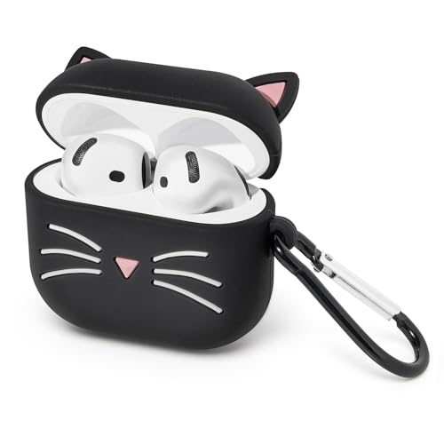 Mouzor for AirPods 4 Case, Cute Black Whisker Cat AirPods 4th Generation (2024) Case Funny 3D Cartoon Animal Shockproof Soft Silicone Charging Cases Cover with Carabiner for Kids Girls Women