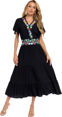Image of Women's Summer Maxi Dress Casual Floral Embroidered Round Neck Short Sleeve Ruffle Tiered Dress Flowy Boho Beach Sundress