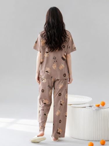 Image of SHIENZY Women Korean Style Night Suit | Round Neck Short Sleeve Cute Printed Cotton Blend Pajama Set for Girls & Women | Soft Nightwear, Loungewear, Sleepwear for Women | Full Pyjama Set | Co-ord Set