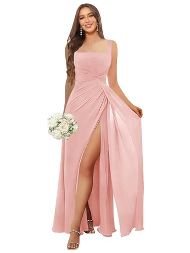 Image of HANVAIOS Square Neck Bridesmaid Dresses Long Chiffon Formal Maxi Dress with Slit