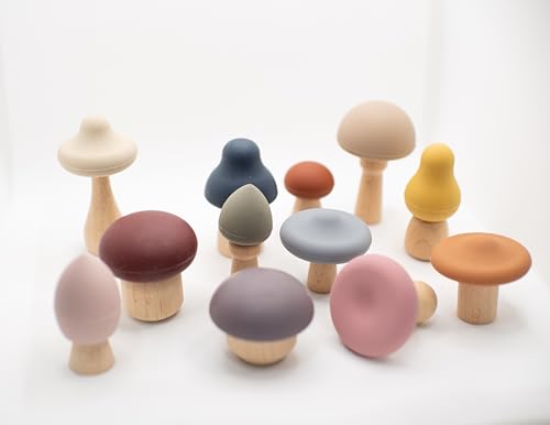 Image of Mushroom Toy Set - Interchangeable Wood & Silicone Montessori Toy for Toddlers - Promotes Imagination, Fine Motor Skills & Developmental Growth in Children