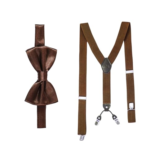 Massi Morino Hosenträger mit Fliege Braun Set für Herren und Damen I Y-Form Träger elastisch mit extra starken Clips - 3 5cm breit - längenverstellbar I Vorgebundener Schlips für Anzug