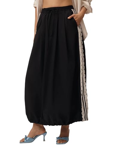 Lentta Womens Lace Stripe Bubble Maxi Skirt Ankle Length Drawstring Elastic Waisted Summer Midi Skirts with Pockets