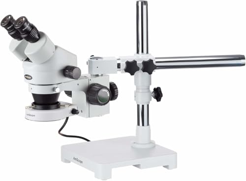 Image of AmScope SM-3B-80S Professional Binocular Stereo Zoom Microscope, WH10x Eyepieces, 7X-45X Magnification, 0.7X-4.5X Zoom Objective, 80-Bulb LED Ring Light, Single-Arm Boom Stand, 90V-265V