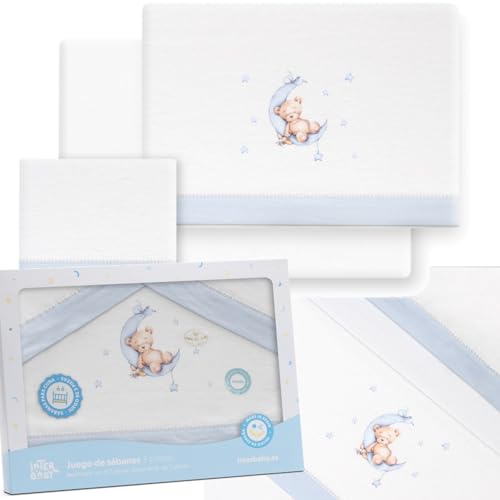 Juego de Sábanas para Cuna 60x120 cm de Franela 100% Algodón | Sábanas de Invierno para Bebé, Cálidas y Suaves | Set 3 Piezas con Bajera Ajustable, Encimera y Funda de Almohada | Oso Luna Azul