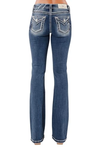 Miss Me Women's Tri-Color Metallic Saddle Stitch Faux Flap Pockets Mid-Rise Bootcut Jeans