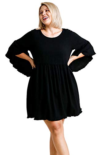 Umgee Women s Bell Sleeve Frayed Hem Babydoll Dress (X-Large, Black)