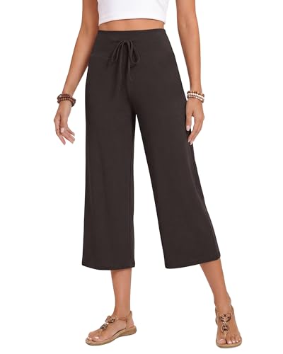 Image of ZOOSIXX Soft Black Pajama Pants for Women, Wide Leg Pants Woman Flowy Comfy Casual Lounge Yoga Capri Pants 22 inch / 30 inch