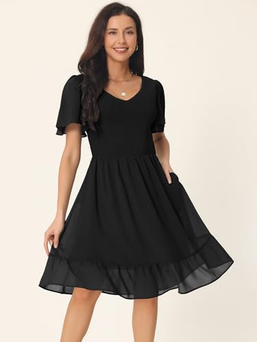 Image of Seta T Women's Summer Chiffon Dresses Smocked V Neck Flutter Short Sleeve Flowy Casual Dress with Pockets