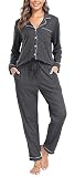 Lovasy Damen Schlafanzug Winter Lang Pyjama Set Zweiteiliger Kuschel Langarm Hausanzug Damen 2-Teilig Schlafanzüge Knopfleiste mit Taschen,Dunkelgrau,L