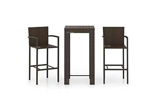Image of OUTLIVING Rattan Wicker Outdoor Bar Patio Table with 2 Chairs Set for Home Graden Balcony 2 Seater Bar Patio Furniture - (Brown)