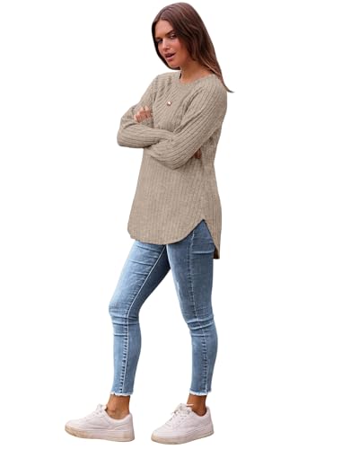 Image of Saloogoe Long Sleeve Shirts for Women 2025 Fall Clothes Tunic Tops Loose Fit Dressy Crewneck Pullover Sweaters Curved Hem