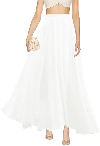 v28 Women Full/Ankle Length Elastic Pleated Retro Maxi Chiffon Lo...