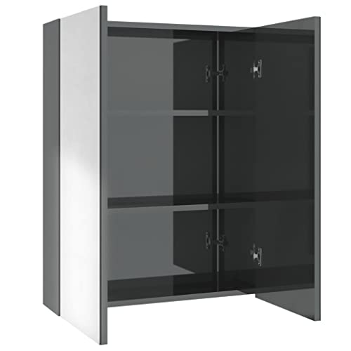 QJBSAVVA Armoire de salle de bain avec miroir - 60 x 15 x 75 cm - Armoire de salle de bain avec miroir - En MDF - Gris brillant - Avec 2 portes et 3...