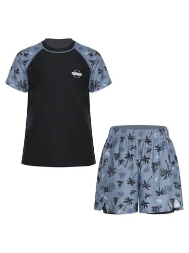 Kids Boys 2Pcs Short Sleeve Swim Top with Double Layers Shorts Coconut Tree Print Sun Protection Swimwear3