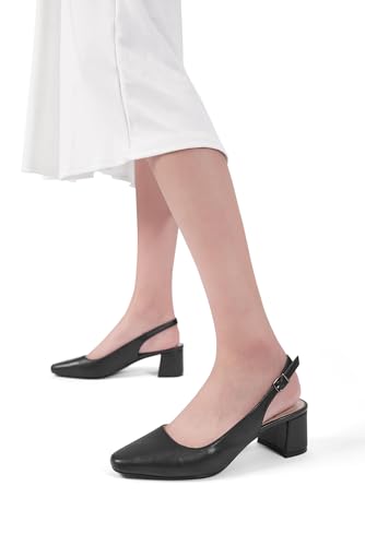 Image of Women's Low Chunky Slingback Heels Square Toe Block Dress Shoes Closed Toe Comfortable Wedding Office Work Pumps