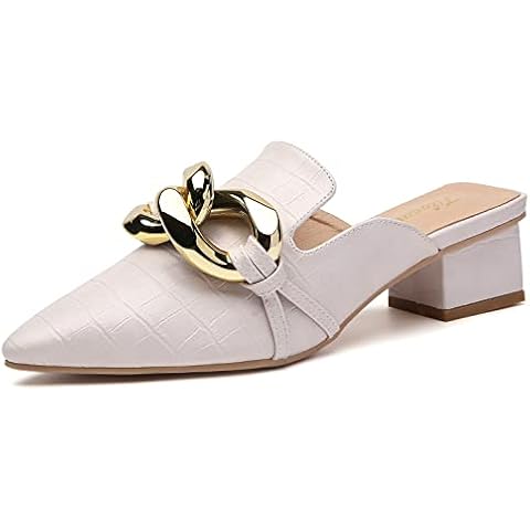 Tilocow Heeled Mules for Women Chain Decor Embossed Mules Slide Shoes Woman, Chain-apricot, 5.5 UK Cover