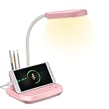 Desk Lamp with USB Charging Port, NovoLido LED Rechargeable Desk Lamp with 4 Color Modes & Stepless Dimming, Pen Holder for Storage, 360° Flexible Hose, 4000mAh Battery, 5V/2A Adapter Included, Pink