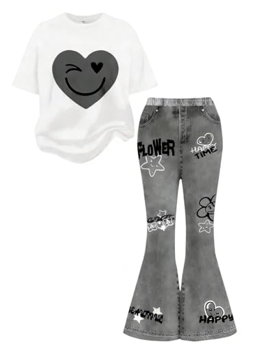 Zylvae Tween Girls 2-Piece Outfit: Short Sleeve Graphic T-Shirt & Flared Denim-Like Pants Set for 8-12 Year Olds size 9 10