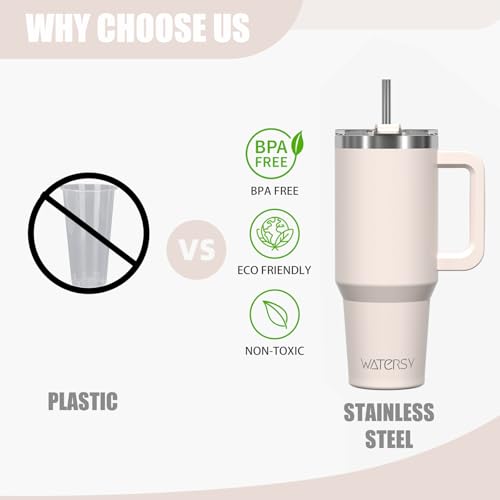 Image of 20 oz Tumbler with Handle,Tumbler with Lid and Straw,Double Wall Insulated Cup Stainless Steel Travel Mug(Cold for 34 Hours),Water Bottle for Iced Tea,Coffee,Cold Beverages(Ivory Beige)