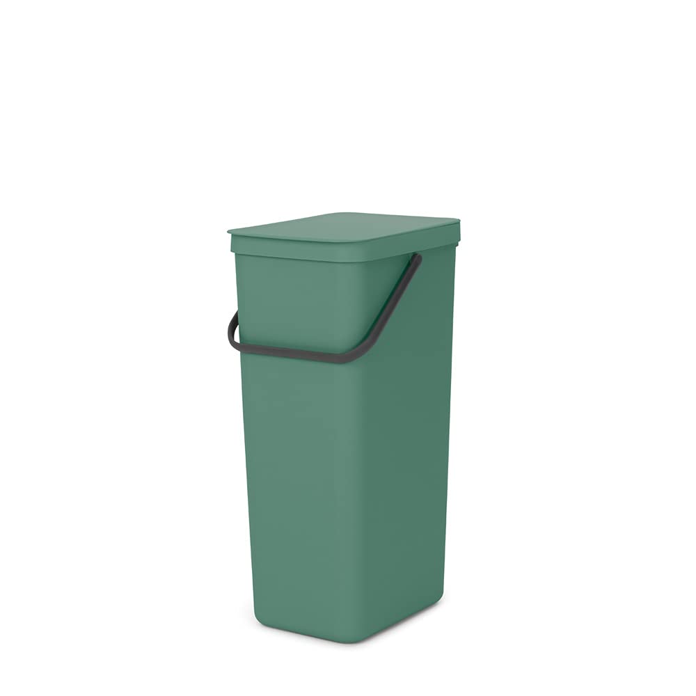 Brabantia Sort & Go Recycle Trash Can 10.6 Gallons (Fir Green) Space-Efficient Plastic Recycle Can with Handle, Removable and Stay-Open Lid, Easy to Clean Kitchen Garbage Can Without Nooks and Rims