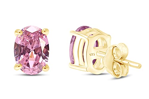 Birthstone Solitaire Stud Earrings for Women, 8x6mm Oval Cut Simulated Gemstone Studs in 14K Yellow Gold Plated 925 Sterling Silver Push Back Earrings, Jewelry Gift for Her4