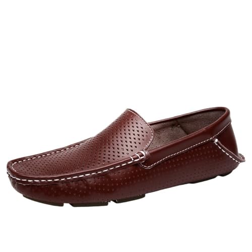 Mens Loafers Breathable Genuine Leather Perforated Stitching Details Lightweight Anti-Slip Comfortable Resistant Flat Heel Shoes
