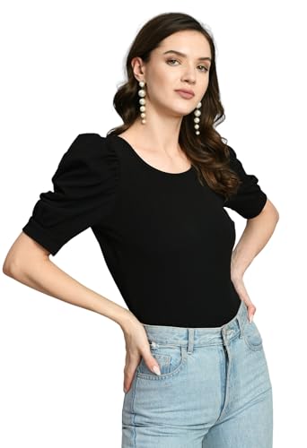 Image of IUGA Plain Round Neck Cotton Knit Regular Top for Women (115 Black)