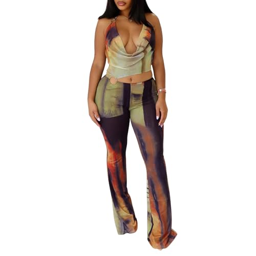 Molilove Women's Sexy Jumpsuits Sleeveless Halter Crop Top Flare Pants