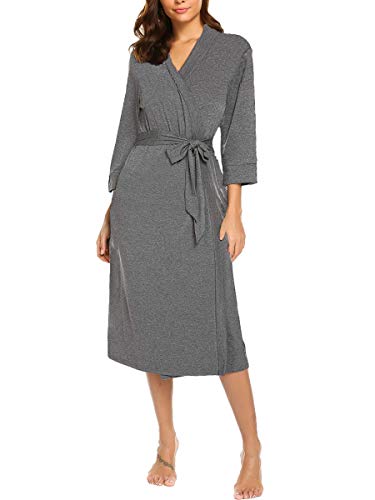 Bluetime Womens Robes Lightweight Long Cotton Knit Bathrobes Ladies Sleepwear Loungewear 3/4 Sleeve Soft Kimono Robes (XL, Flower Grey)