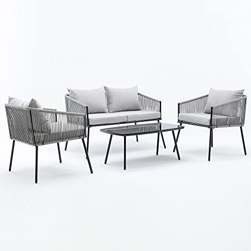 Image of DEVOKO Patio Furniture Set, 4 Pieces Porch Backyard Garden Outdoor Furniture Rope Sofa Set and Table Conversation Set in Grey Color