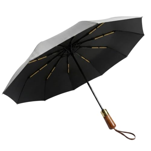 Image of ginoya brothers 3-Fold Folding Travel Umbrella with Wooden Handle Automatic Open & Close UV Protection Umbrella for Men & Women Compact Windproof Sun & Rain Protection