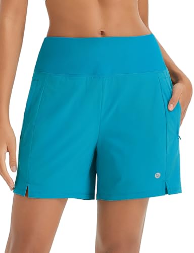 Pantalones cortos de natación para mujer de cintura alta con bolsillos con cremallera