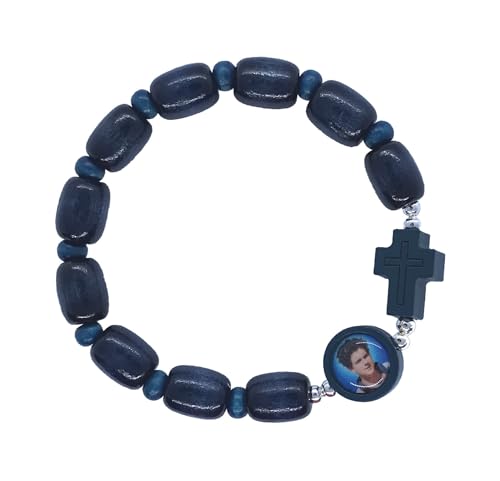 Carlo Acutis Stretch Rosary Bracelet, 10mm Blue Wood Beads, Photo Bead & Cross