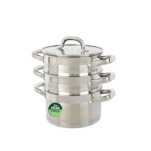 Salter Timeless 3 Tier Steamer 18cm Stainless Steel Stackable Cooking Pots Includes Handles & Tempered Glass Lid Non-Stick Vegetable Steaming Pans Induction Hob Suitable Dishwasher Safe
