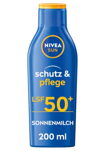 NIVEA SUN Schutz & Pflege Sonnenmilch LSF 50+ (200 ml) Sonnencreme für 48h Feuchtigkeit mit Vitamin E sofortiger Sonnenschutz vor UVA-/UVB-Strahlen