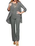 YAUTKA Grey Grandmother of The Bride Pantsuits Chiffon 3 Pieces Formal Pant Suits for Women Dressy Wedding Guest Dresses US8