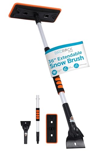 BIRDROCK HOME 36' Extendable Snow Pusher Brush & Detachable Ice Scraper for Cars | Aluminum Grip for Car, Truck, SUV | Safe on Auto Windshield & Windows | Wide Frost Remover for Semi & Small Vehicles