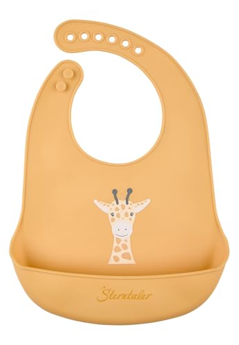 Sterntaler Silikon Lätzchen Giraffe Kaya – Lebensmittelecht – Abwischbar & spülmaschinengeeignet – Mit Auffangfach für weniger Essensreste – Verstellbar für Babys & Kleinkinder, ocker