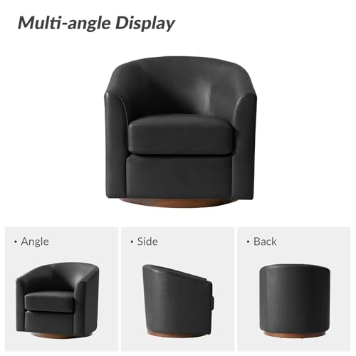 Image of HULALA HOME Genuine Leather Swivel Barrel Chair, Round Swivel Accent Chair with Solid Wood Base, No Assembly Required, Black
