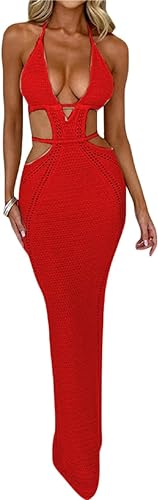 Women Sexy Crochet Maxi Dress Cut Out Halter V...
