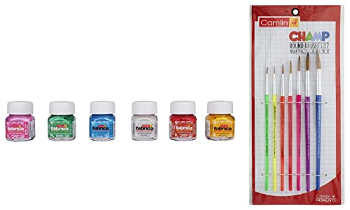 Image of Camel Camlin Kokuyo Fabrica Acrylic Pearl Color - 10ml Each, 6 Shades & Camlin Champ Round Brush Set - Pack of 7 (Multicolor)