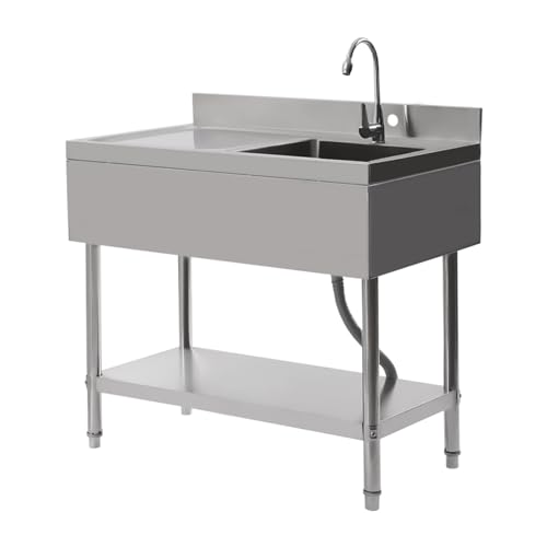 Lavabo mobile in acciaio inox, lavello esterno in acciaio inox, con 1 lavandino (a destra), lavandino portatile e commerciale con rubinetto