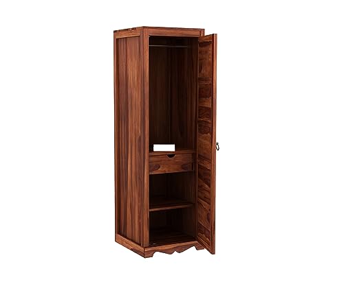 Image of Sheesham Wood Wooden Single Door Wardrobe Organizer for Clothes | - Solid Wood Almirah with 1 Drawers, 3 Shelves with Hanging Space - Cupboard for Large Bedroom (Design 25)