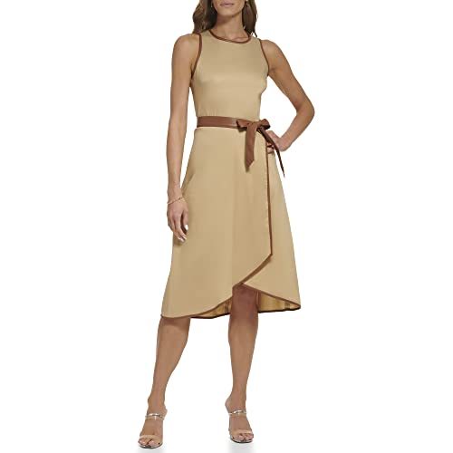 Dkny Women's Cotton Pu Trim Dress, Kha/Tortoise, 8 #TOP11
