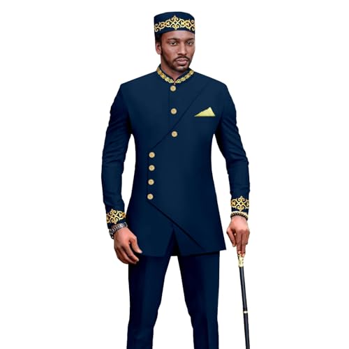 African Clothes for Men Dashiki Embroidery Blazer and Trousers Match Hats 3 PCS Set for Wedding