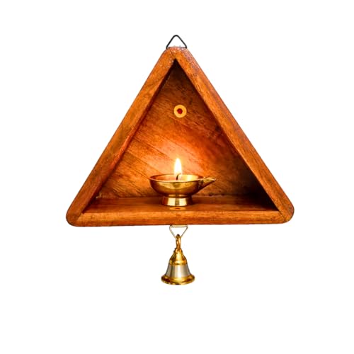 Image of 100% Teakwood Wall Mounted Diya Stand with Brass Bell | Wooden Vilakku Madam for Home Pooja Room, Mandir & Festive Decor (1)