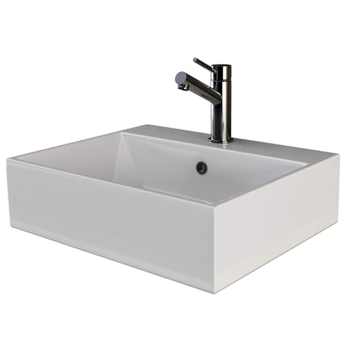 VILSTEIN® Keramik Waschbecken Eckig [51x43x14,5CM] - Hänge - & Aufsatzwaschbecken Eckig für Badezimmer & Gäste WC - Waschbecken Aufsatz - Handwaschbecken für Waschtisch - Bathroom Sink (Weiß)